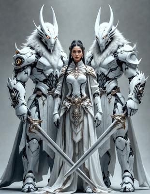 The primary subject of the image is a woman dressed in a white gown, standing between two men dressed in white armor. The setting appears to be a futuristic or fantasy-themed environment, with the woman and the men as the main focus. The visual style of the image is digital art, with the woman and the men depicted in a detailed and intricate manner. The colors and mood of the image are predominantly white, giving it a clean and elegant appearance.